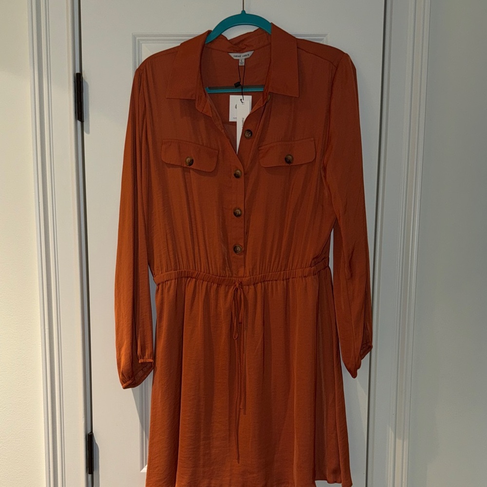 Naked Zebra Rust Button-Front Long Sleeve Shirt Dress